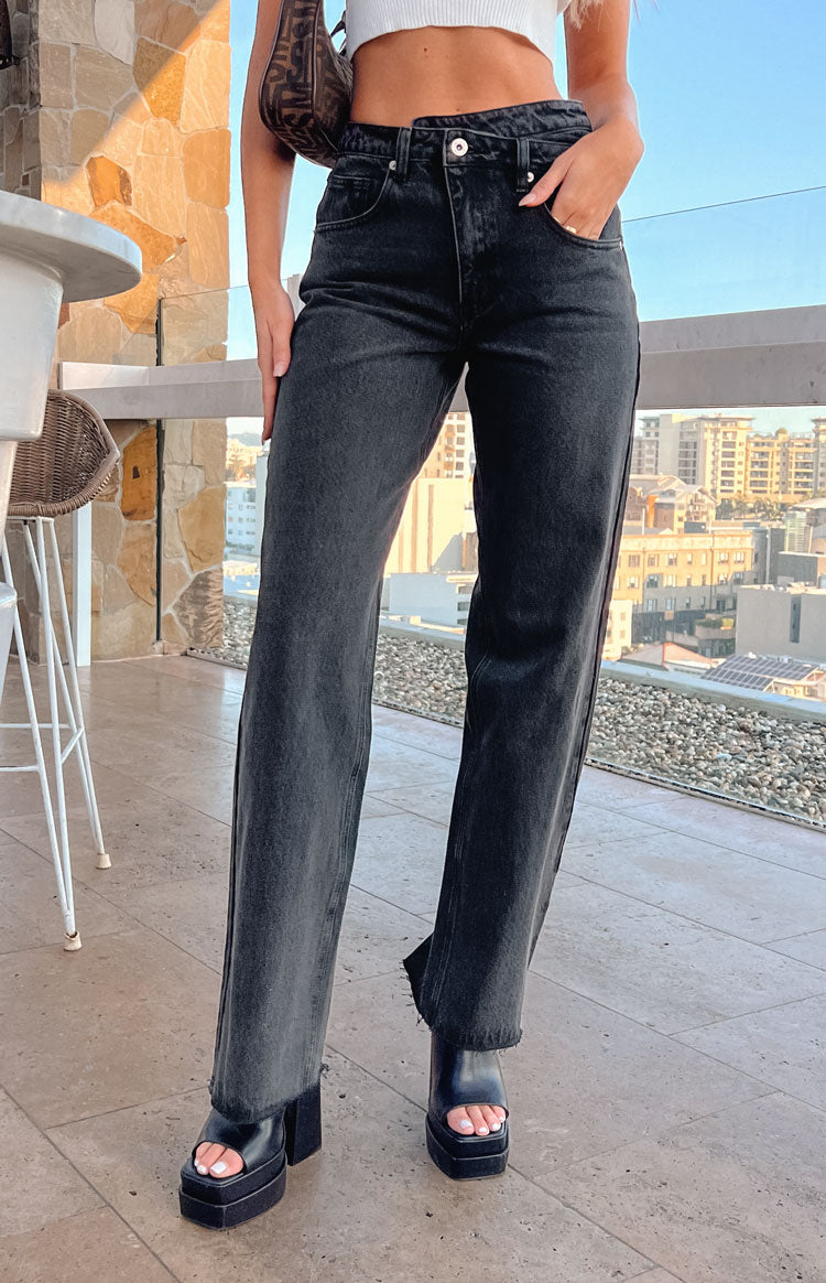 Kansis Washed Black Uneven Waist Jeans Image