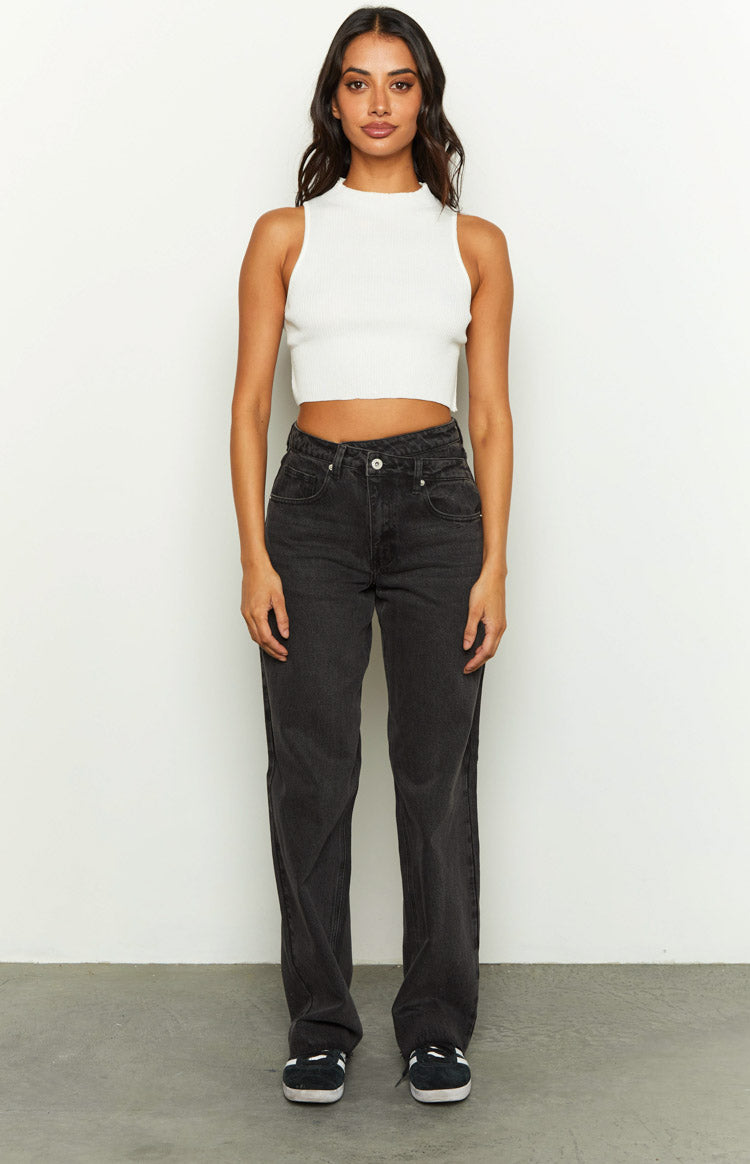 Kansis Washed Black Uneven Waist Jeans Image
