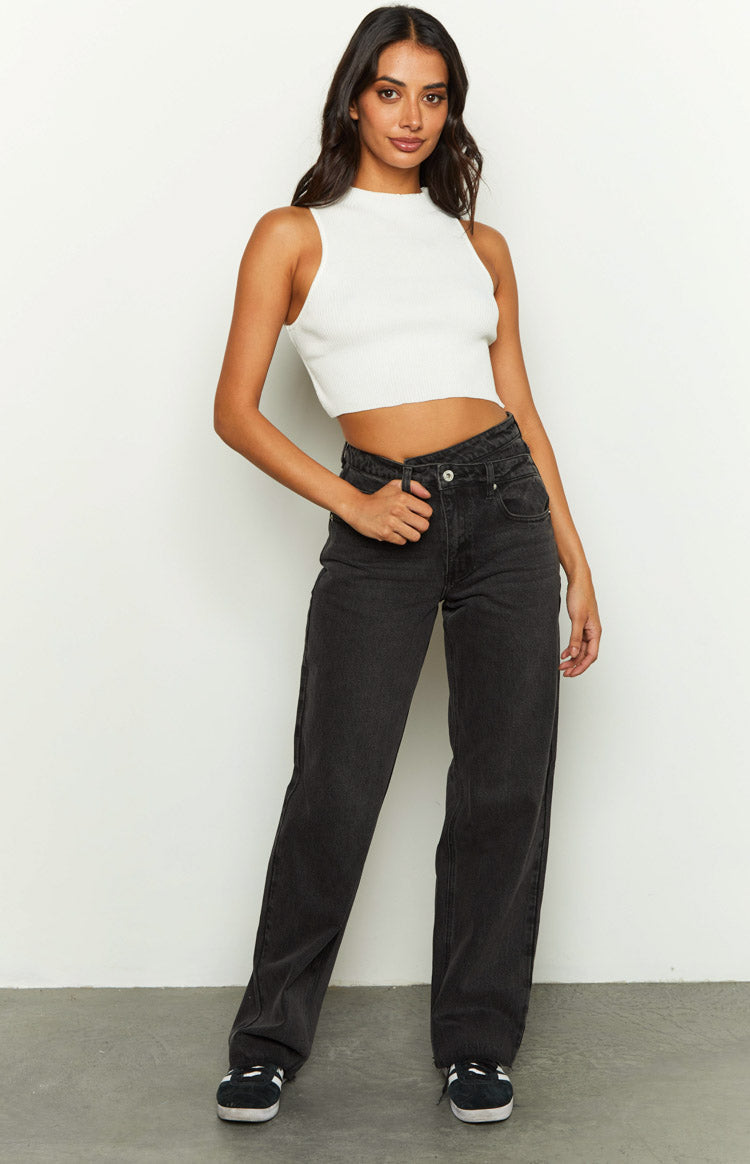 Kansis Washed Black Uneven Waist Jeans Image
